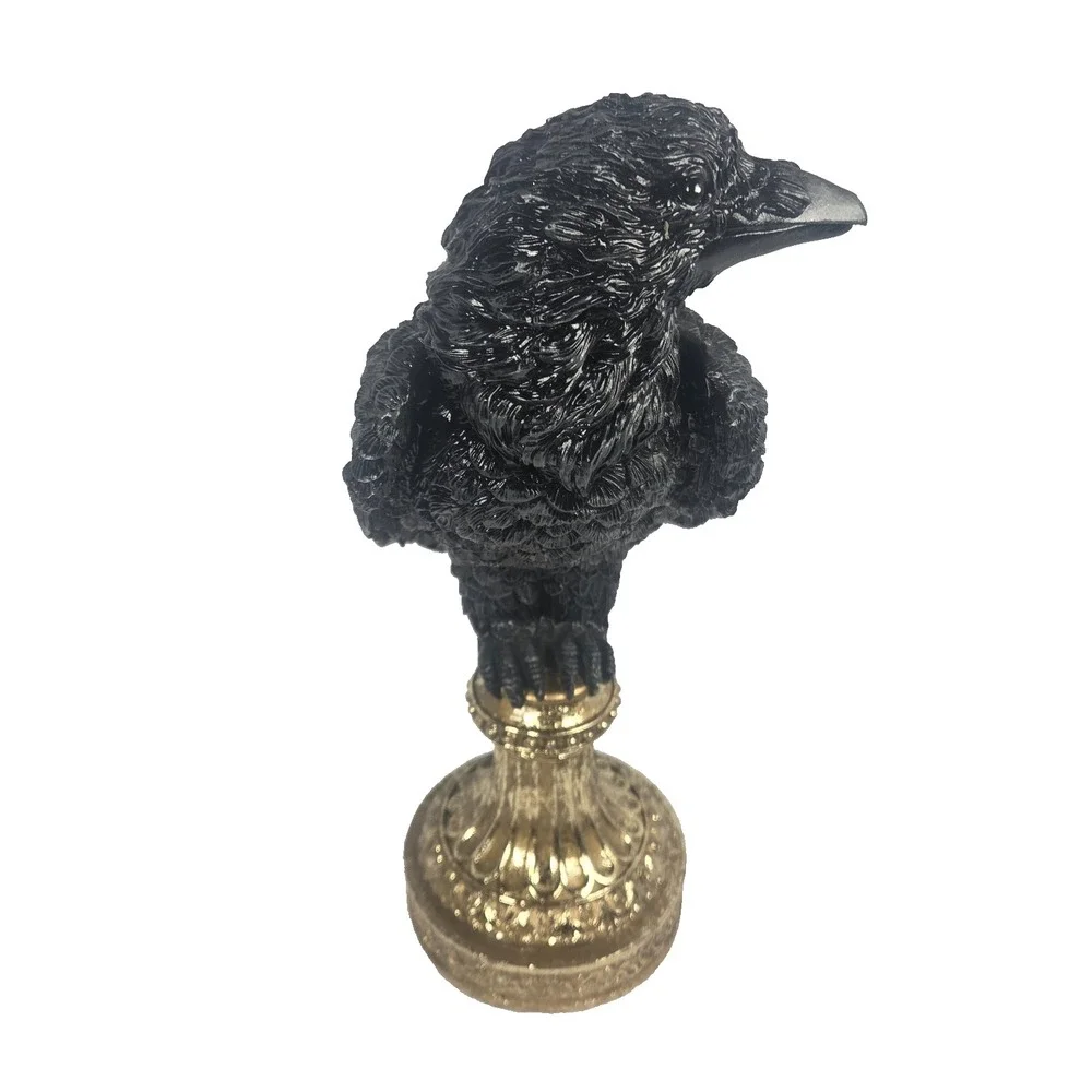 Spooky Night Raven Statue Halloween Decor 14in Black Gold Gothic Pedestal NWT